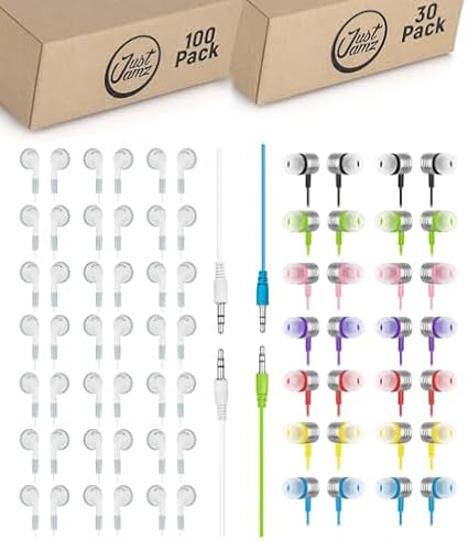 130-Pack Bulk Wired Earbuds: 100 Simple White Earphones + 30 Colorful Jelly Matte Earbuds | Wired Headphones with 3.5mm Jack for Schools, Classrooms, Libraries, Kids, Students, and Bulk Events