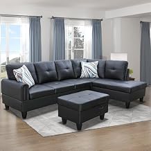 Leather Sectional Sofa Couch with Storage Ottoman, L-Shape Couch Sectional Sofa Set with Right Facing Chaise for Living Room/Apartment/Office,Light Black