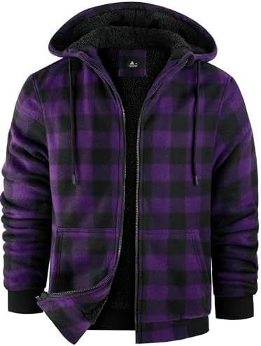 ZITY Hoodies for Men Flannel Fleece Sweatshirt Plaid Full Zip Up Jacket Sherpa Lined Winter Warm Coat