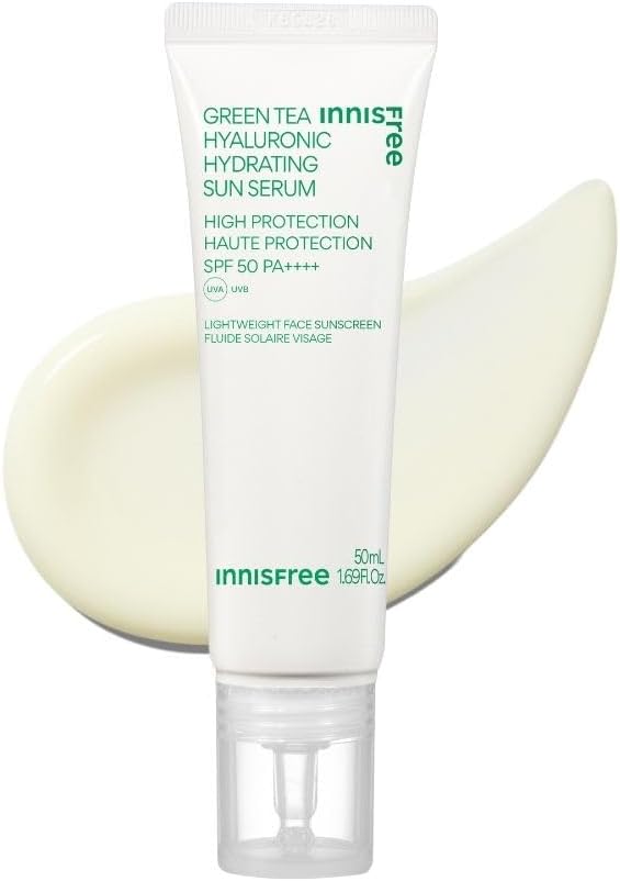 INNISFREE Green Tea Hyaluronic Hydrating Sun Serum SPF 50, Moisturising Korean Sun Protection with long-lasting Hydration & instant Moisture Boost, for Glowing Skin 50ml