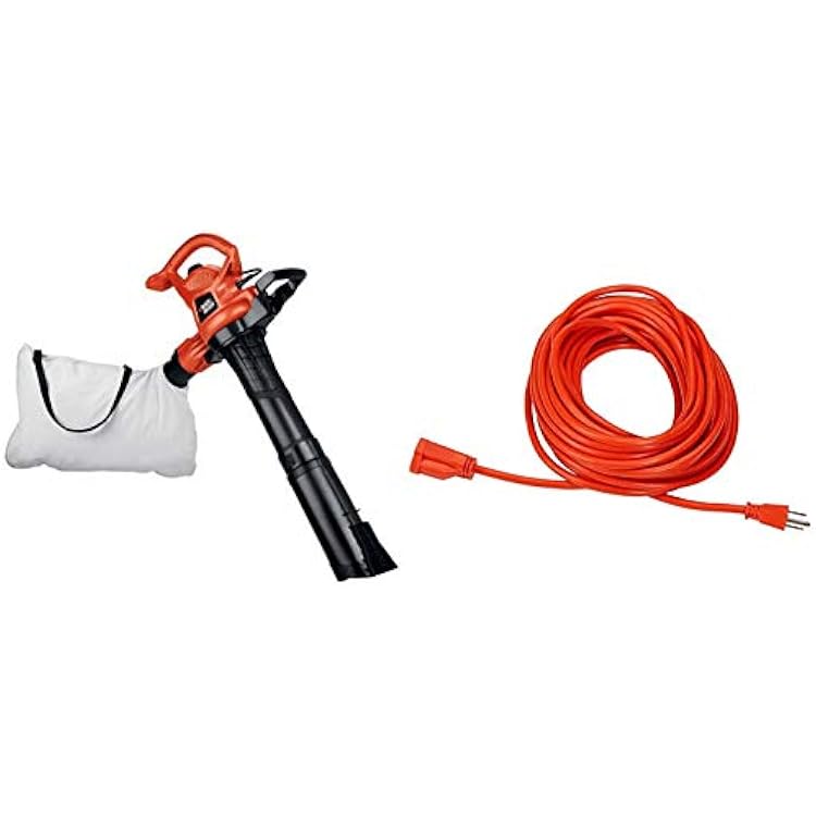 BLACKDECKER 3-in-1 Leaf Blower, Leaf Vacuum and Mulcher, Up to 230 MPH, 12 Amp, Corded Electric BV3600 and Amazon Basics 50-Foot 3-Prong Vinyl IndoorOutdoor Extension Cord - 13 Amps, 1625 Watts, 125 VAC, Orange