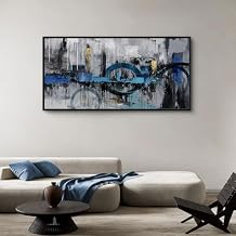 KLAKLA Abstract Wall Art - Blue and Gray Pictures Canvas Artwork for Living Room Bedroom Horizontal Black Framed Above Bed Wall Decor - 24x48