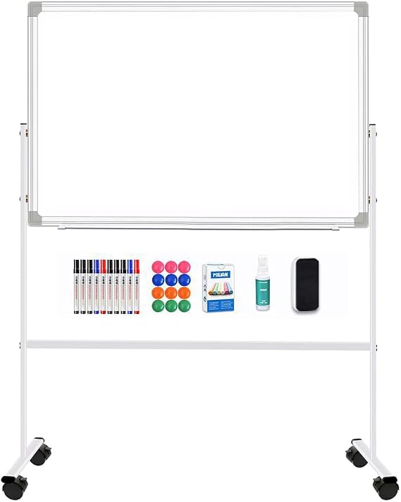 Whiteboard Mit Ständer120×90cm Doppelseitiges Magnetisches Aluminiumrahmen Mobiles Whiteboard Mit StifteSchwämmeTafellöscher，MagnetischBeschreibbar BeweglichLeicht Abwischbar