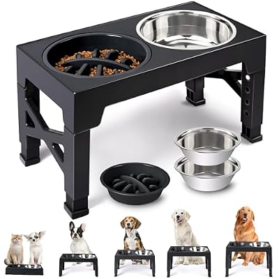Heeyoo Elevated Dog Bowls - 5 Adjustable Heights Stand, 2 Stainless Steel Bowls & 1 Slow Feeder, 3.2 to 12.2 for Small to Large Dogs