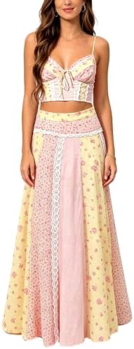 Women's 2 Piece Summer Outfits Spaghetti Strap Floral Crop Top High Waist Pleated Maxi Skirt Sets For Garden Party