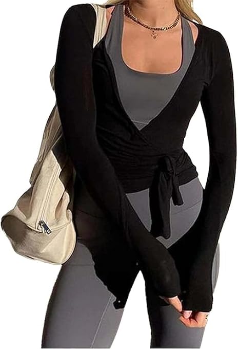 KOSUSANILL Women Ballet Wrap Top Long Sleeve Low Neck Pilates Sexy Tie Up Crop Shirts Slim Fit Yoga Workout Cover Up Blouse