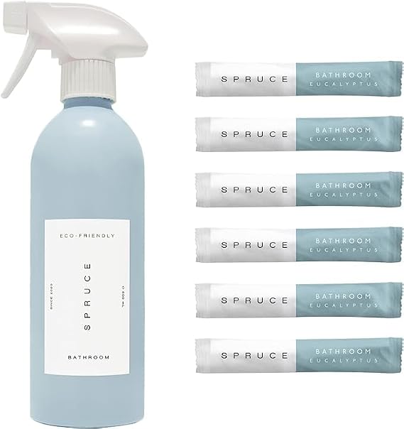 Spruce Naturally-scented Eucalyptus Bath and Shower Cleaning Spray Kit | Eco Reusable Aluminum Bottle 6x Non-toxic Refills | Remove Limescale Soap scum Water Marks | Just-add-water | Vegan