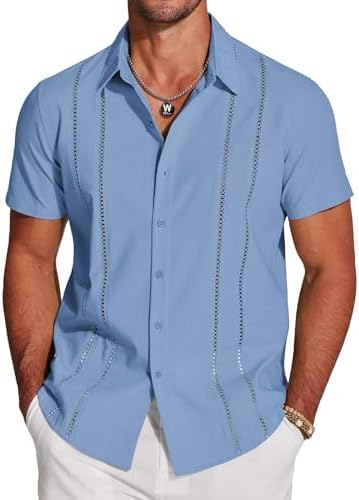 COOFANDY Mens Cuban Guayabera Shirt Short Sleeve Button Down Shirts Casual Summer Beach Linen Shirts