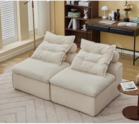 Corduroy Boneless Cloud Couch, New Oversized Chaise Lounge Sofa Chair, DIY Modular Sofa, Corner Couches for Living Room,Modern Comfy Armless Sleeper Sofas with Pillows, 2-Seater for Bedroom (Beige)