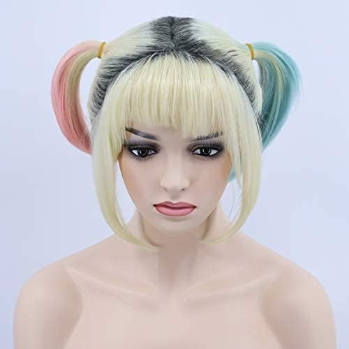 FVCENT Harley Quinn Short Blonde Full Hair, Bang Costume Dark Root Wig with Pink and Mint 2 Ponytails, Harley Quinn Pink Blue Wig Ladies Double Tail Wig Cosplay Halloween Costume