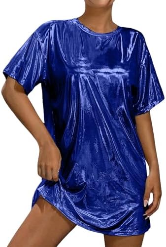 Metallic T Shirt for Women Short Sleeve Crewneck Holographic Shiny Long Tees Sparkle Tops for Disco Party Club Concert