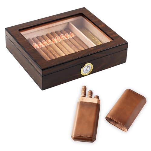 Woodronic Cigar Humidor for 25 Counts with Hygrometer, 3-Finger Brown Leather Cigar Travel Case, Humidifier, Spanish Cedar Lined and Divider, Walnut Finish, Desktop Cigar Box Gift for Men
