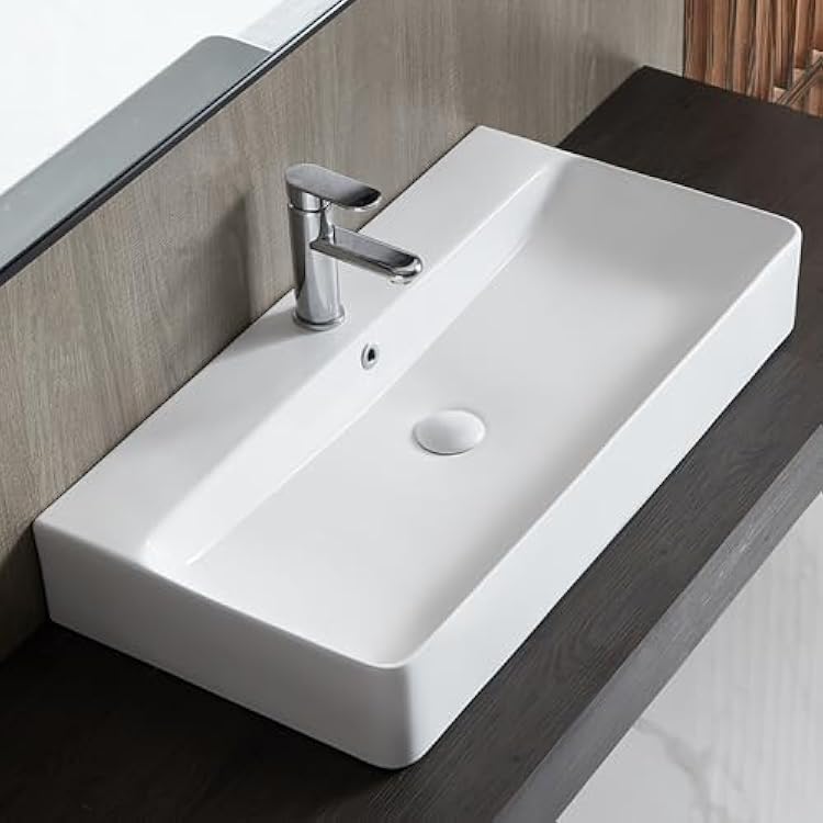 Bathroom Vessel Sink, Eridanus 32 x 16 Rectangular Ceramic Wall Mount Sink Countertop Vanity Basin, White Porcelain Art Basin Modern Trough Above Counter Bowl with Overflow