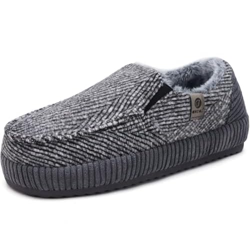 ONCAI Mens Slippers 2025 Cotton-Blend Moccasins Warm Closed Back Corduroy House Slippers Felt Fuzzy Indoor Outdoor Comfortale with High-Density Yoga Mat Rubber Soles Cotton Grey Size 13