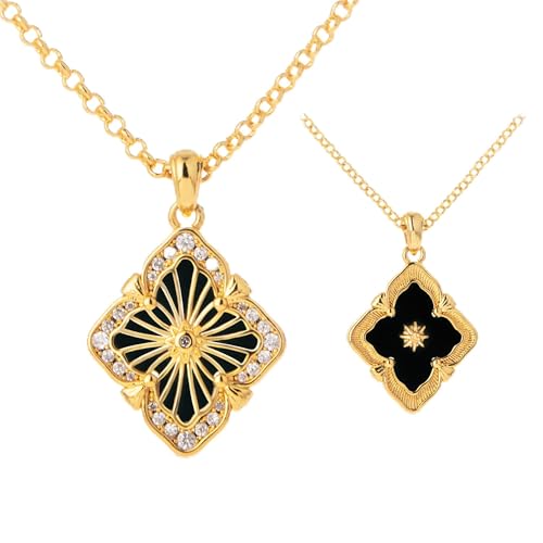 Vintage Jewelry for Women, Double-Sided Gold Clover Necklace 18K Plated with Gemstone, Mother of Pearl Inlaid, Vintage Necklace Set