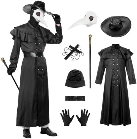 Alaiyaky Plague Doctor Mask Costumes Cloak Set for Adults Black Plague Doctor Robe with Gloves Halloween Cosplay Outfit Men