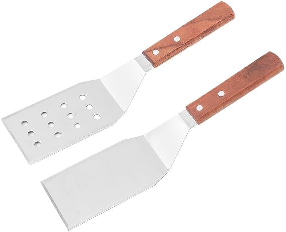 Professional Stainless Steel Spatula Set with Wooden Handle, Flat Top Grill Accessories Set for Outdoor BBQ and Camping, 2 Pieces