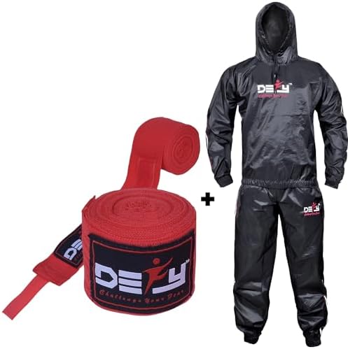Bundle of Heavy Duty Sweat Suit with 180 Inch Hand Wraps for Boxing - Anti-Rip Gym Sauna Suit with Hood - Muay Thai MMA Elastic Bandages for Men & Women