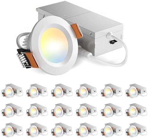 Amico 18 Pack 2 Inch 5CCT Ultra-Thin LED Canless Recessed Ceiling Light with Junction Box, 2700K3000K3500K4000K5000K Selectable, CRI90, 6W=40W, 350LM, Dimmable Canless Wafer Downlight-ETL&FCC - A
