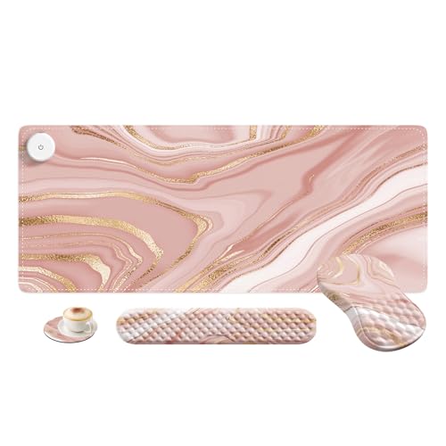 HAOCOO 4 in 1 Heated Desk Pad, Mouse Pad Wrist Support and Keyboard Wrist Rest with Coaster Set, Memory Foam Ergonomic Mousepad with Non-Slip PU Base for Home Office, Rose Gold Pink