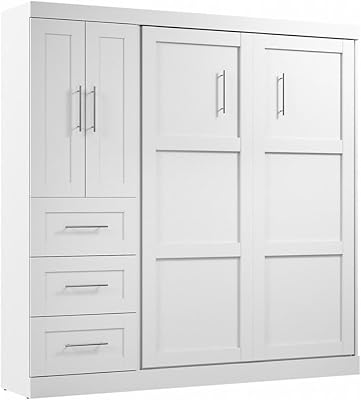 Bestar Pur Full Murphy Bed with Closet Organizer with Drawers, 84-inch White Space-Saving Sleeping Arrangement for Multipurpose Room with Wardrobe Storage Cabinet