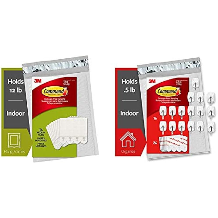 Command Picture Hanging Strips, Medium, White, 16-Pairs & Wire Hooks, 16 Hooks, 24 Strips, White, Small, Easy to Open Packaging GP067-16NA