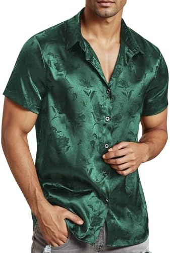 AUBIG Mens Satin Jacquard Shirt Solid Casual Short Sleeve Button Down Hawaiian Shirts Slim Fit Summer Stretchy Top