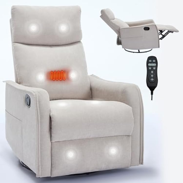 Swivel Rocking Recliner Chair for Adults, Power Rocker Recliner Chair with Vibration Massage and Heat, Upholstered Fabric Glider Recliner Nursery Chair with Side Pockets for Living Room Beige
