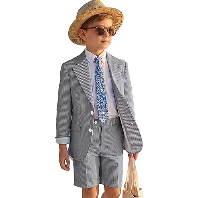 Bofan Seersucker Boys Suit 2 Piece Slim Fit Stripe Tuxedo Suits Boy Blazer Jacket Short Pants Summer Wedding Beach Set