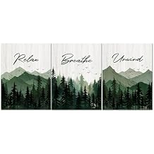Saypeacher Green Bathroom Wall Art Misty Forest Pictures Relax Breathe Unwind Sign Wall Decor Watercolor Pictures for Bathroom Prints