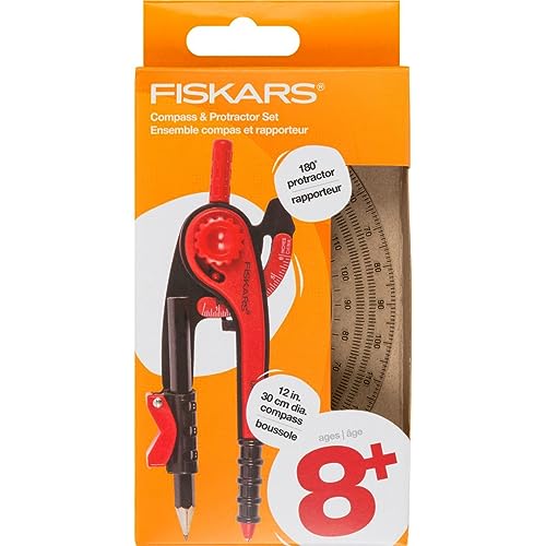 Fiskars Plastic Compass and Protractor Set, Math Geometry Kit for Kids 8, School Supplies, Includes Pencil, Color Varies