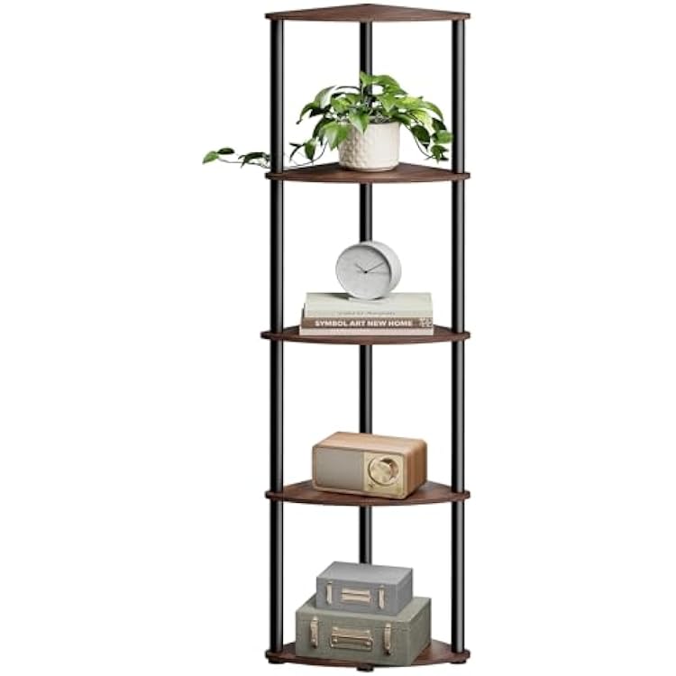 SONGMICS HOME Superfast Toolless Assembly, Corner Shelf Stand, 5-Tier Corner Standing Shelf, Living Room, Bedroom, Kitchen, 15 x 10.6 x 54.7 Inches, Somber Walnut ULBC610K02