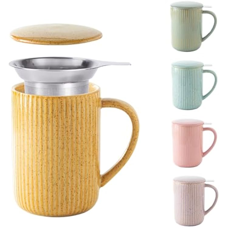 Yundu 15.5oz470ml Flambe Cream Ceramics Teacups with Infuser and Lid, Loose Leaf Tea Cup