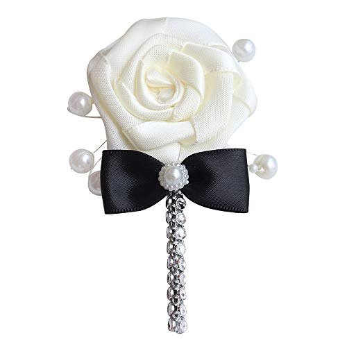 Wedding Corsage Groom Boutonniere Cream Ribbon Rose Flower Crystal Rhinestone Pearl Beaded Brooch with Bowknot