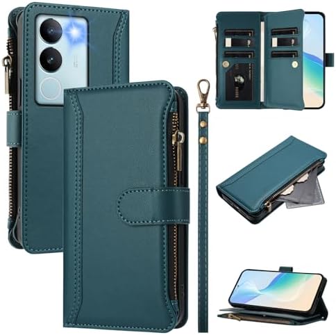 Cover Compatible with Vivo V29  V29 Pro,Compatible with Vivo S17 T  S17 Pro [with Hand Strap] Zipper Dual Slot Phone Case Green