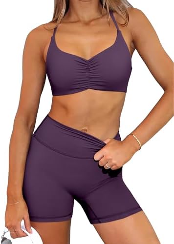 MOOSLOVER Women 2 Piece Yoga Shorts Set High Waisted Workout Shorts and Ruched Sports Bra Buttery Soft Activewear for Yoga