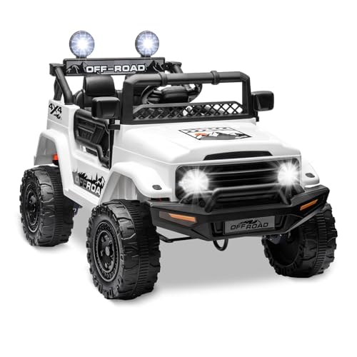 SEHOMY 12V Kids Ride On Truck with Parent Remote, 4 Wheelers Battery Powered Electric Toys Car for Kids - 3 Speed, Spring Suspension, LED Lights, Safety Start, Music, Kids Electric Vehicles White