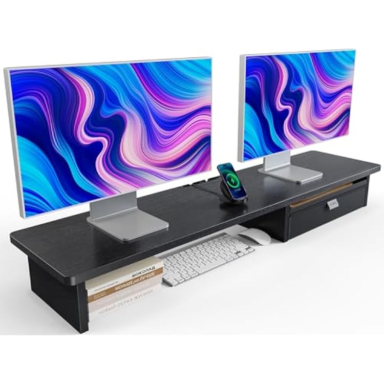 HUANUO Large Dual Monitor Stand with Drawer, Wood Monitor Stand Riser for 2 Monitors with Storage & Cable Management, Desktop Organizer up to 55 fit Monitor, Computer, TV, Printer