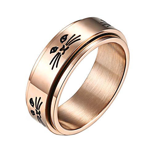 8MM Fashion Stainless Steel Cute Kitty Spinner Ring for Men Women Silver Promise Rings Band Cat Face Engraved