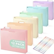 SortRax Plastic Expanding File Jackets, 12 Pack, 2" Expansion File Folder, 1/3 Cut Tabs with Colorful Labels, Letter Size - Pastel
