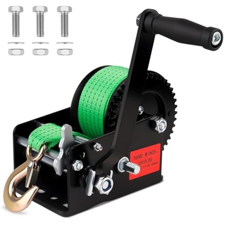 3500lbs Heavy Duty Boat Trailer Winch with 33FT Strap, 2-Way Ratchet Hand Winch with 4:18:1 Gear Ratio, Portable Hand Crank Winch for Boat, Trailer, Jet Ski, Truck, ATV