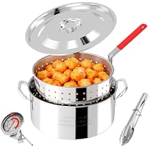 10QT Fish Fryer Pot with Basket, Stainless Steel Deep Fryer with Lid, Thermometer & Tongs, Outdoor Frying Pot for Fish, Chicken Wings & French Fries