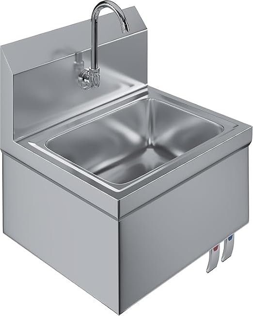 Stainless Steel Wall Mount Hand Sink with Faucet | Commercial Hand Washing Basin For Restaurant, Kitchen | NSF. (17" x 15" with Knee Pedals)