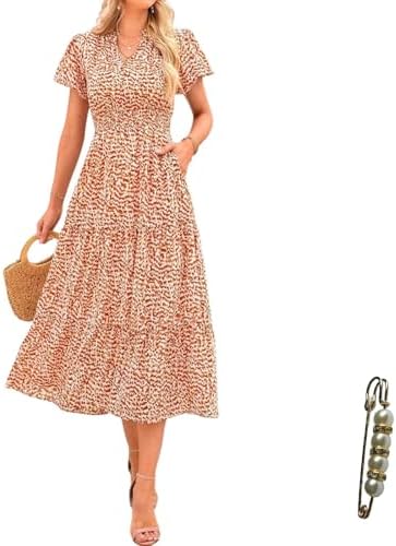 Womens Summer Dresses V Neck Puff Short Sleeve Maxi Dress for Women Floral Beach Dress