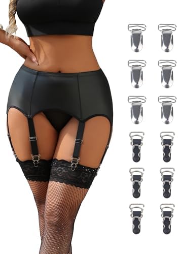ohmydear Faux Leather Garter Belts for Women with 2 Type Clip Black Garters for Thigh Highs Sexy Lingerie with G-String Thong