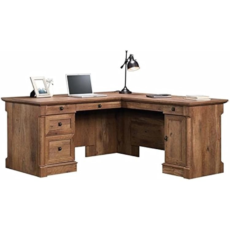 Pemberly Row Home Office L Shaped Corner Desk with Computer Tower Storage and LetterLegal File Drawer, Vintage Oak