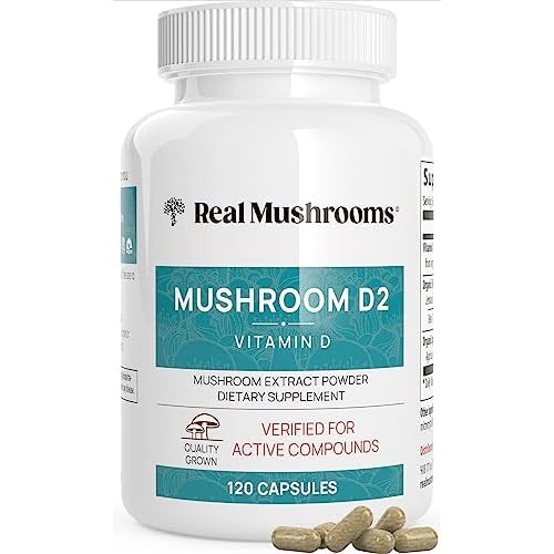 Real Mushrooms Vitamin D2 from Shiitake & Agaricus Vegan Mushroom-Based D Supplement Vitamins for Overall Wellness Support Organic, Non-GMO, 1000 IU 120 Count Functional Mushroom