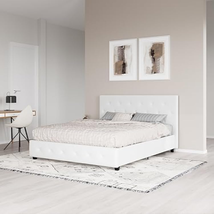 DHP Dakota Faux Leather Upholstered Platform Bed, Full Size, Contemporary Design, No Box Spring Needed, White