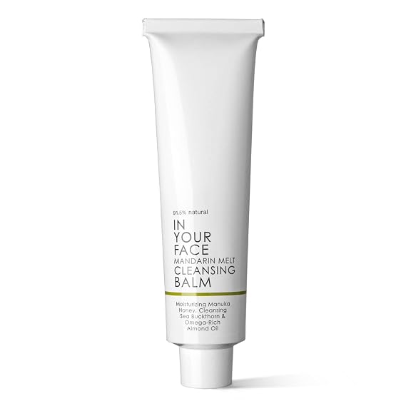 In Your Face Mandarin Melt Cleansing Balm Nourishing Makeup Remover with Manuka Honey, Sea Buckthorn & Vitamin E Hydrating Balm-to-Oil Face Cleanser with Coconut & Olive Oils 3.3 oz