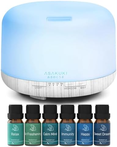 ASAKUKI Whole Home Aroma Set, Essential Oil Diffuser with 6 Well-Being Essential Oil Blends for Large Rooms and Open Spaces